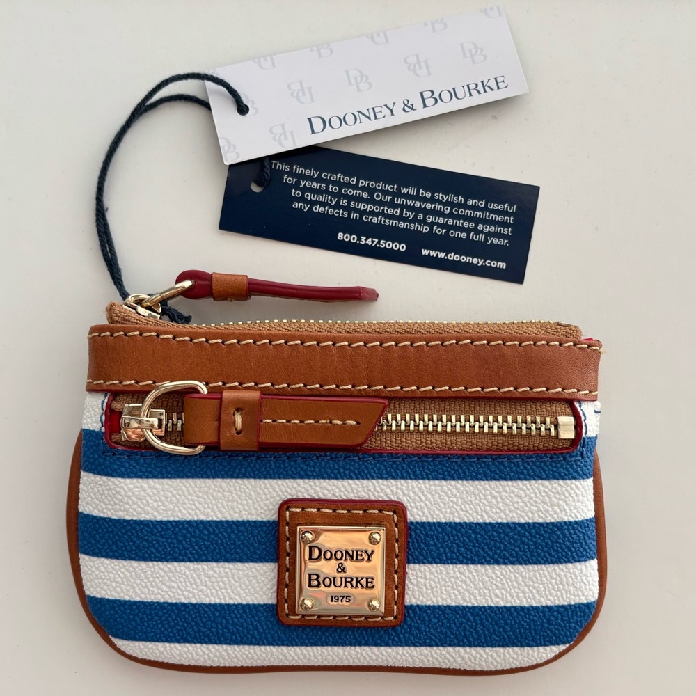 Dooney & Bourke Blue/White/Tan Striped Leather Coin Case Keychain NWT